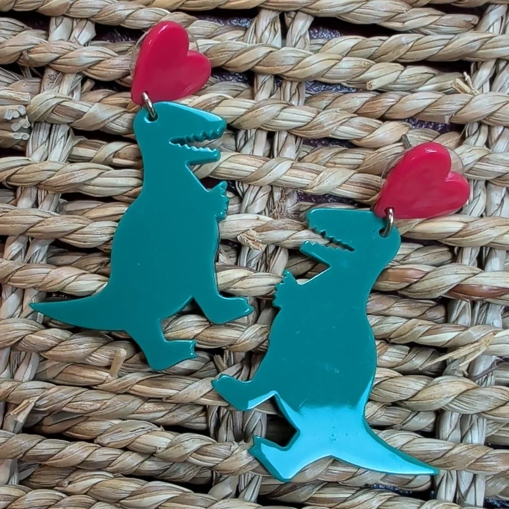 Dinosaur Earrings with Red Hearts